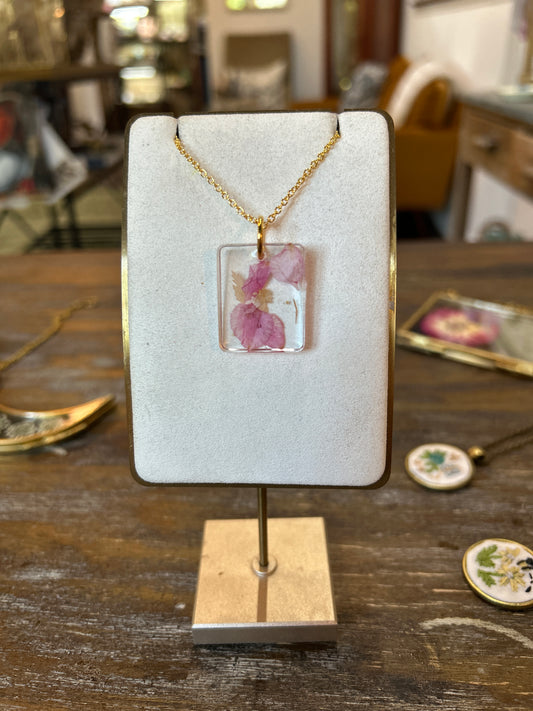 Resin Botanical Necklace - Pink Clear Rectangle 3
