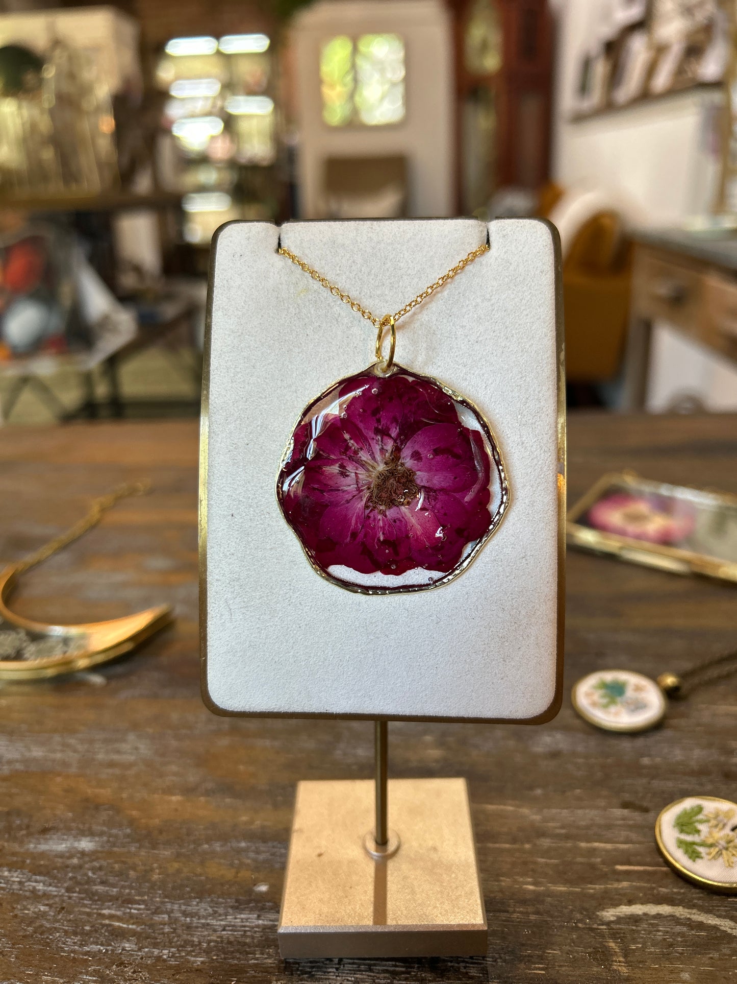 Resin Botanical Necklace - Fuchsia Flower Gold