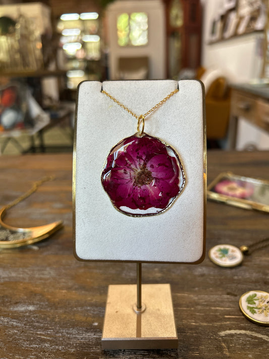 Resin Botanical Necklace - Fuchsia Flower Gold