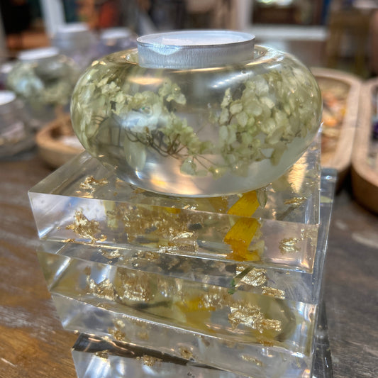 Resin tea light - oblong, white flower