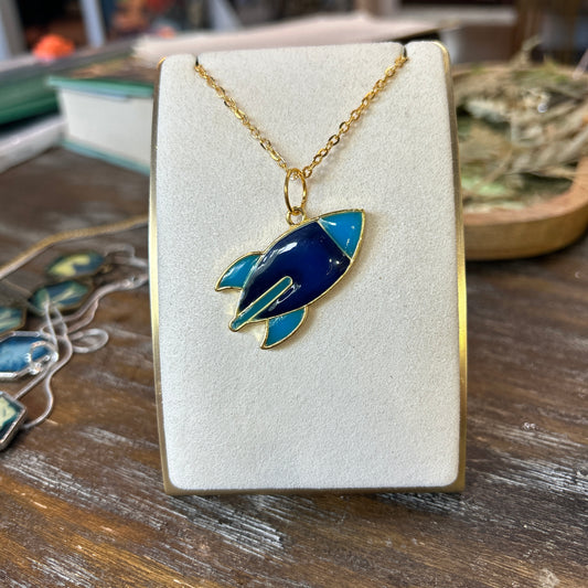 Ad Astra Rocket Ship Necklace Blue