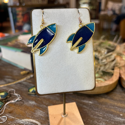 Ad Astra Rocket Ship Earrings Blue