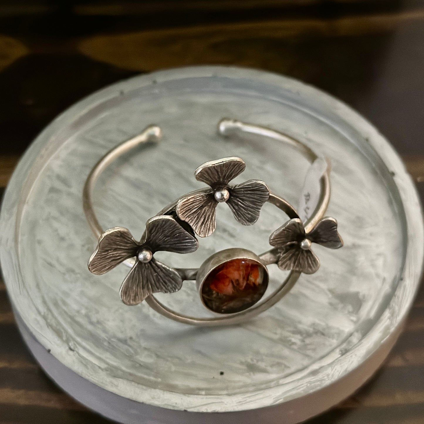 Autumn botanical bracelet with three silver flowers