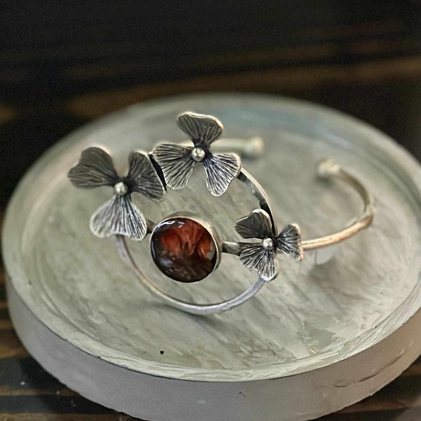 Autumn botanical bracelet with three silver flowers