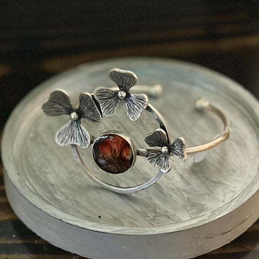 Autumn botanical bracelet with three silver flowers