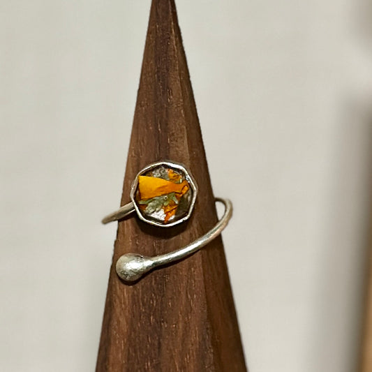 Autumn botanical ring in silver spiral setting