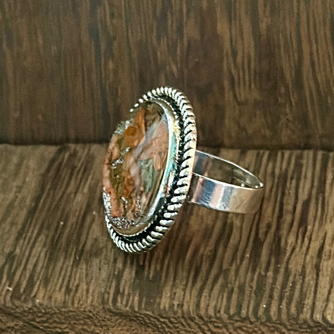 Autumn botanical ring in round, silver setting