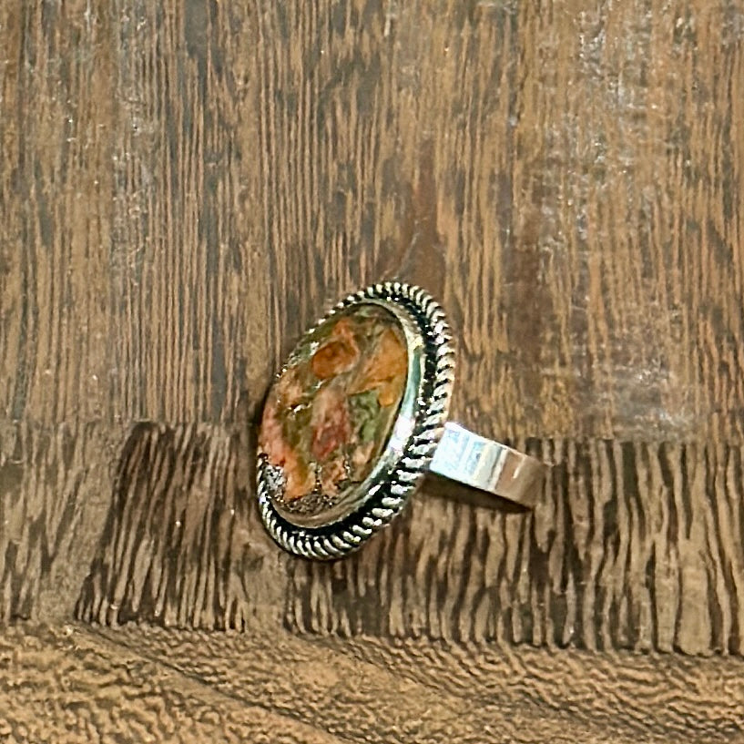 Autumn botanical ring in round, silver setting