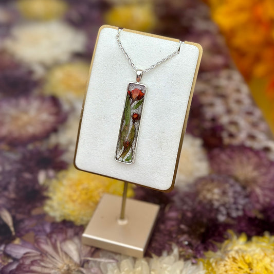 Autumn botanical necklace with silver rectangular pendant