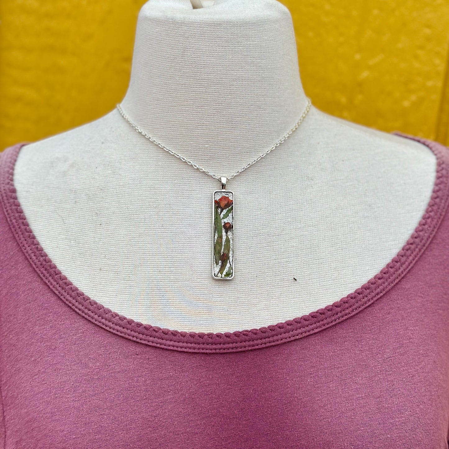 Autumn botanical necklace with silver rectangular pendant