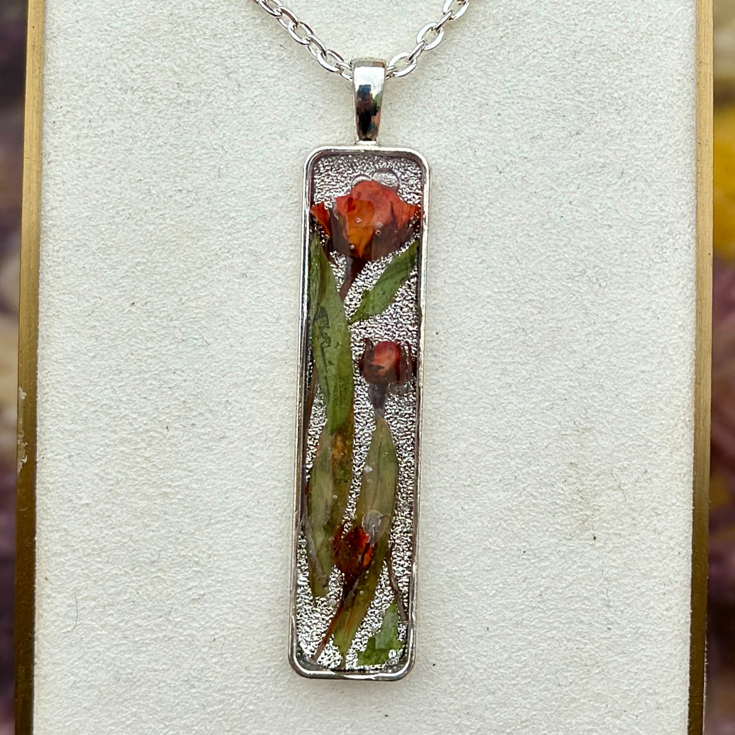 Autumn botanical necklace with silver rectangular pendant