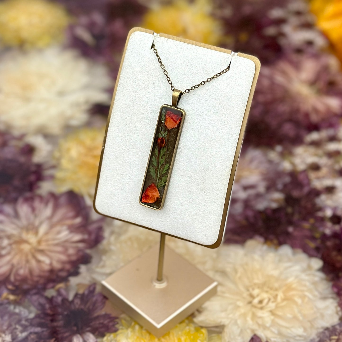 Autumn botanical necklace with bronze rectangular pendant