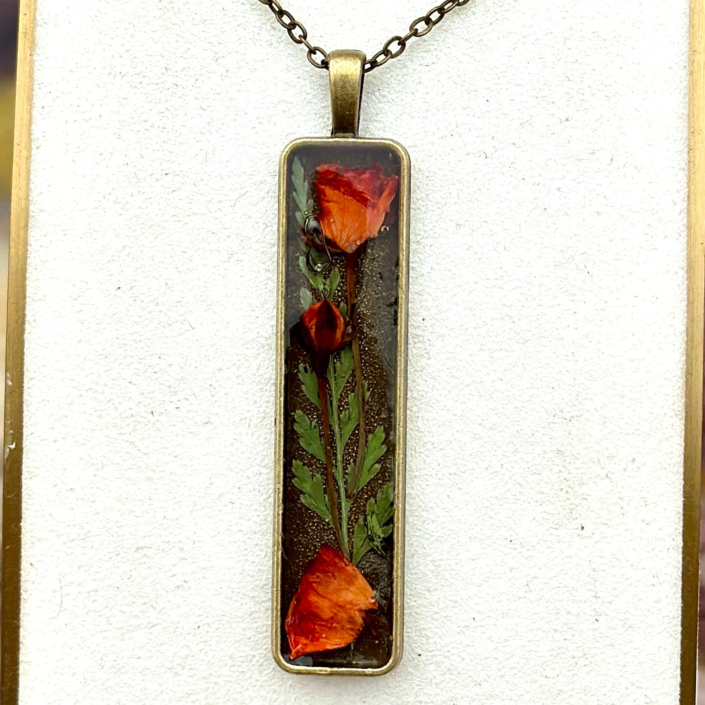 Autumn botanical necklace with bronze rectangular pendant