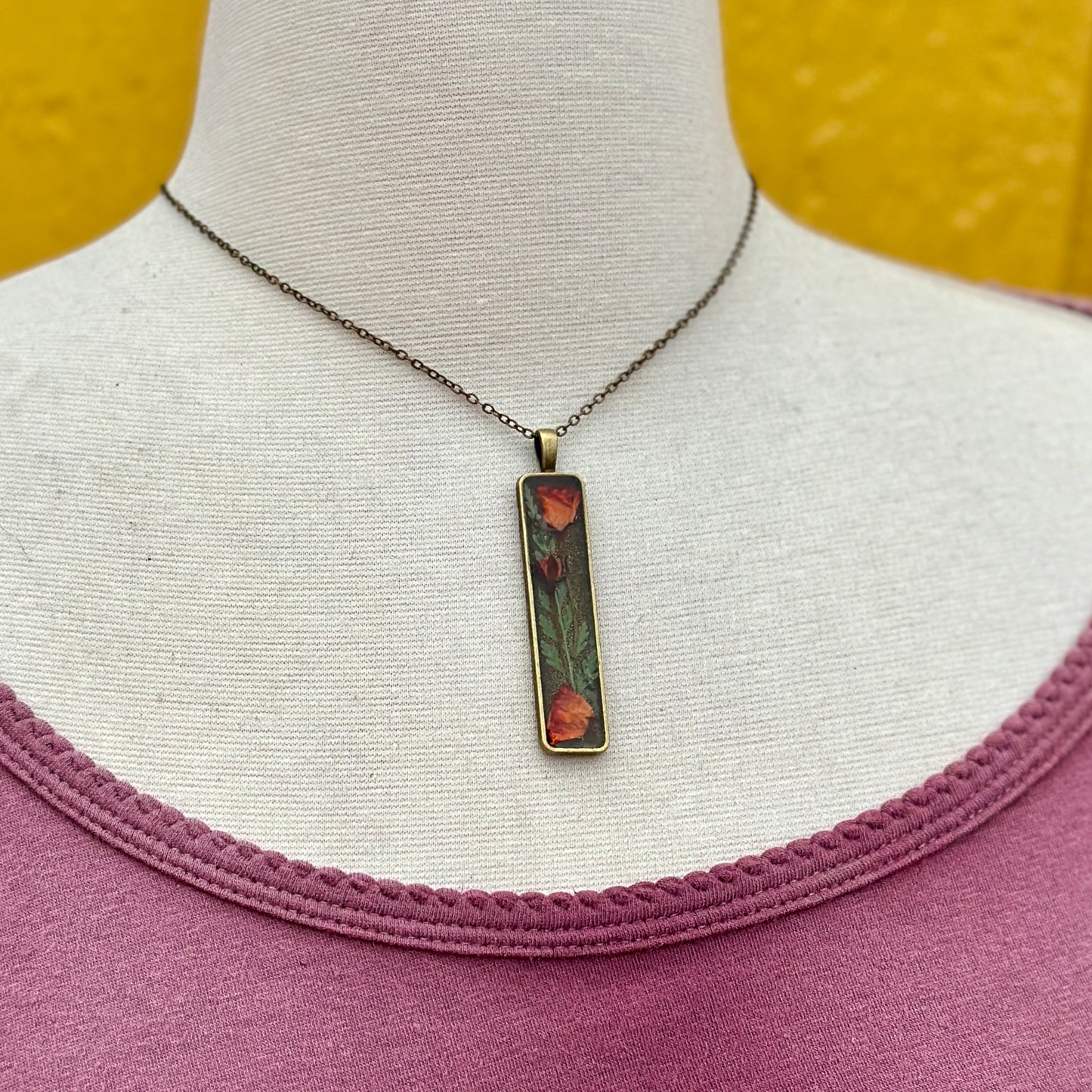 Autumn botanical necklace with bronze rectangular pendant