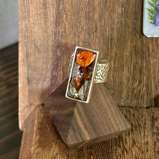 Autumn botanical ring in silver rectangular setting