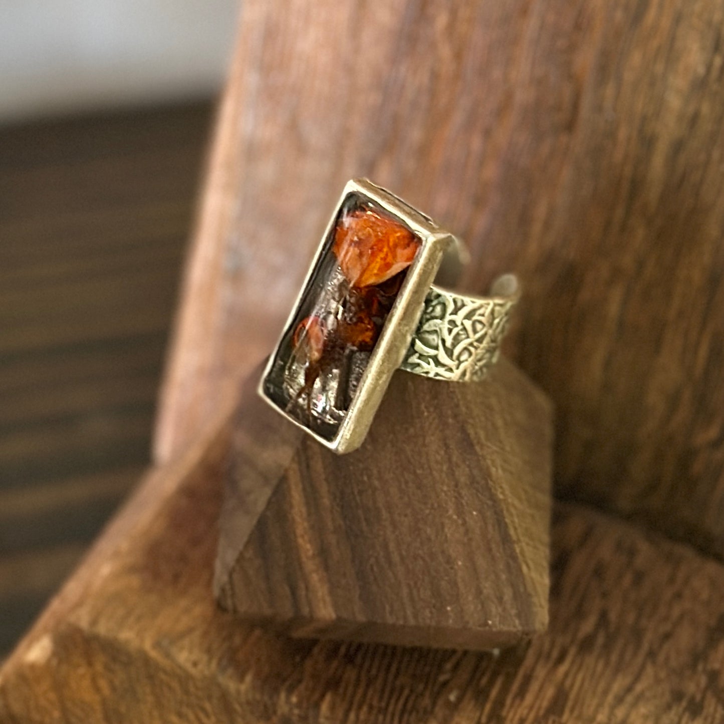 Autumn botanical ring in silver rectangular setting