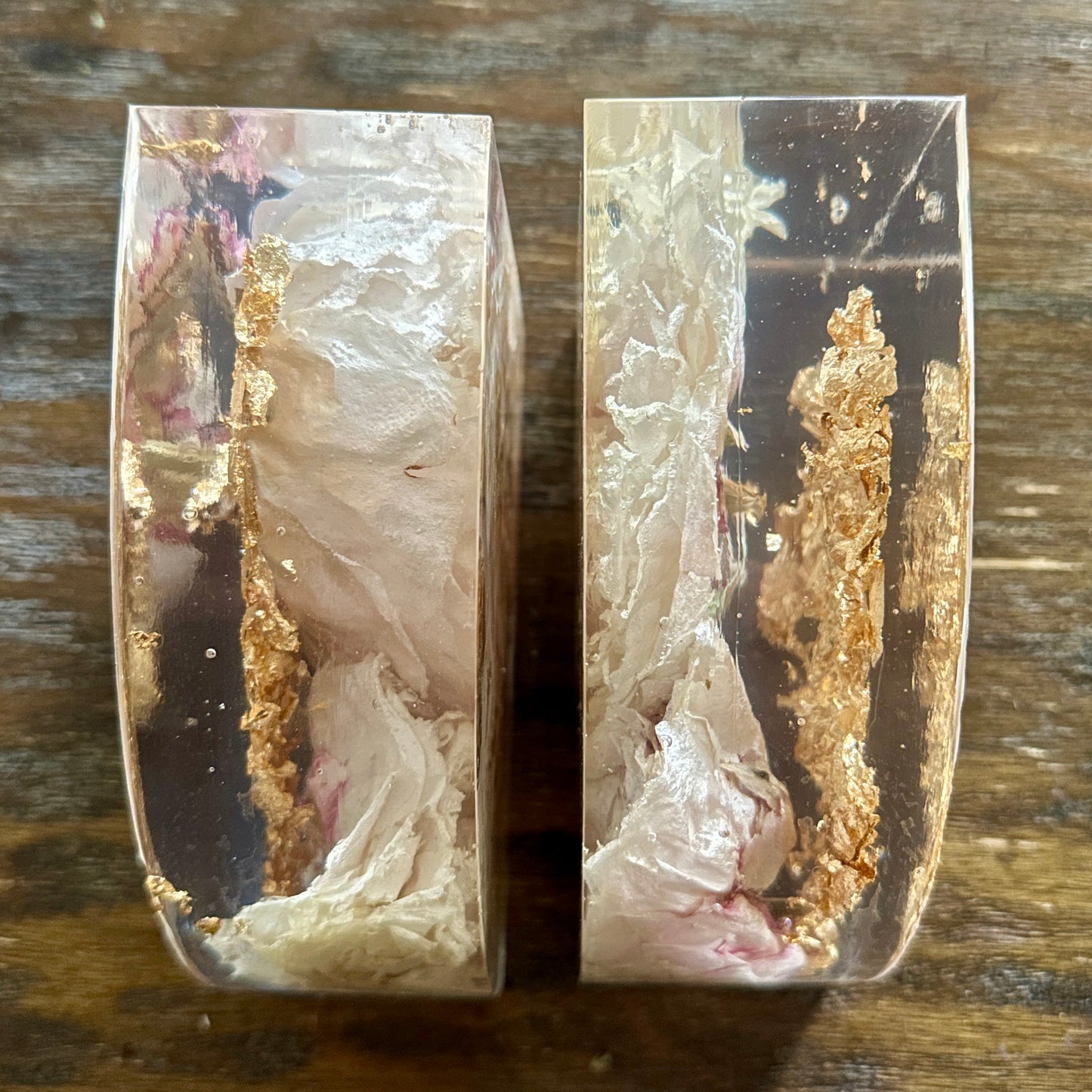 Peony and gold resin bookends