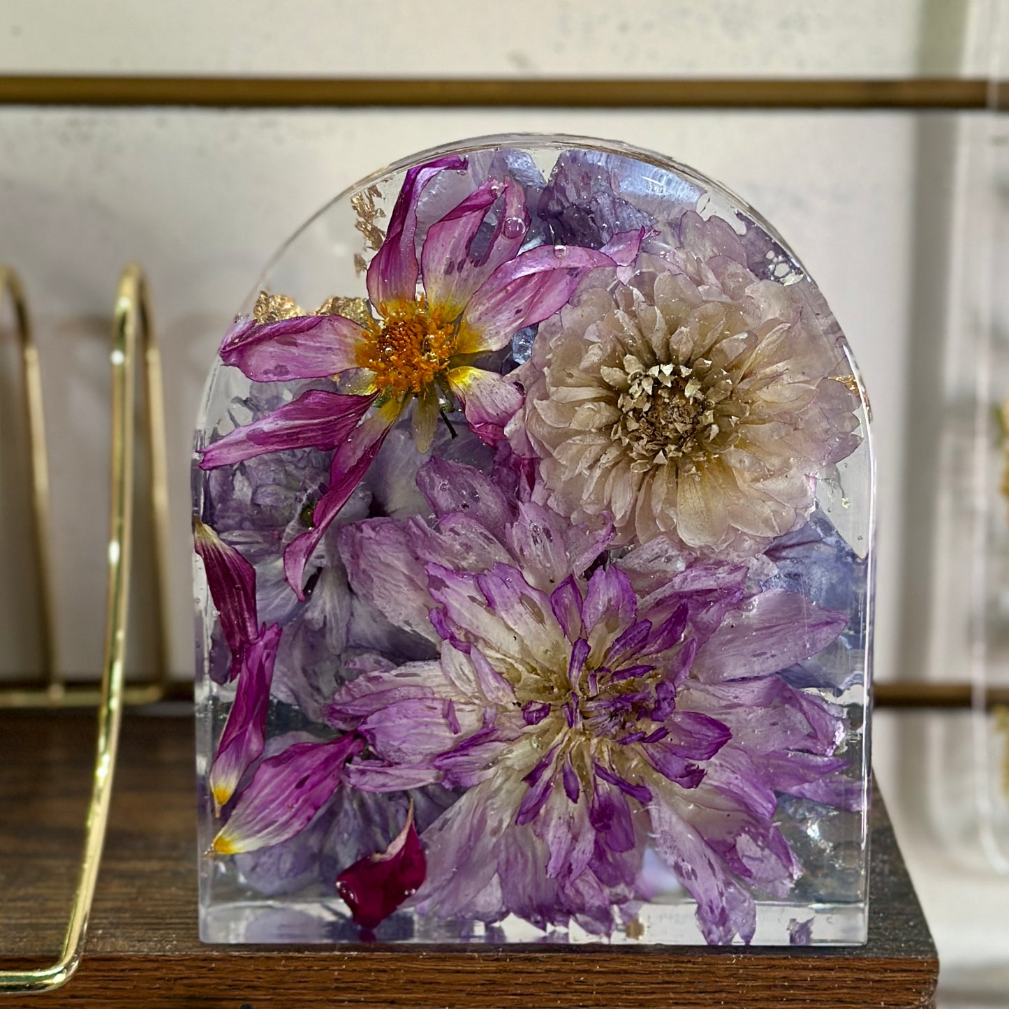 Dahlia and gold resin arch