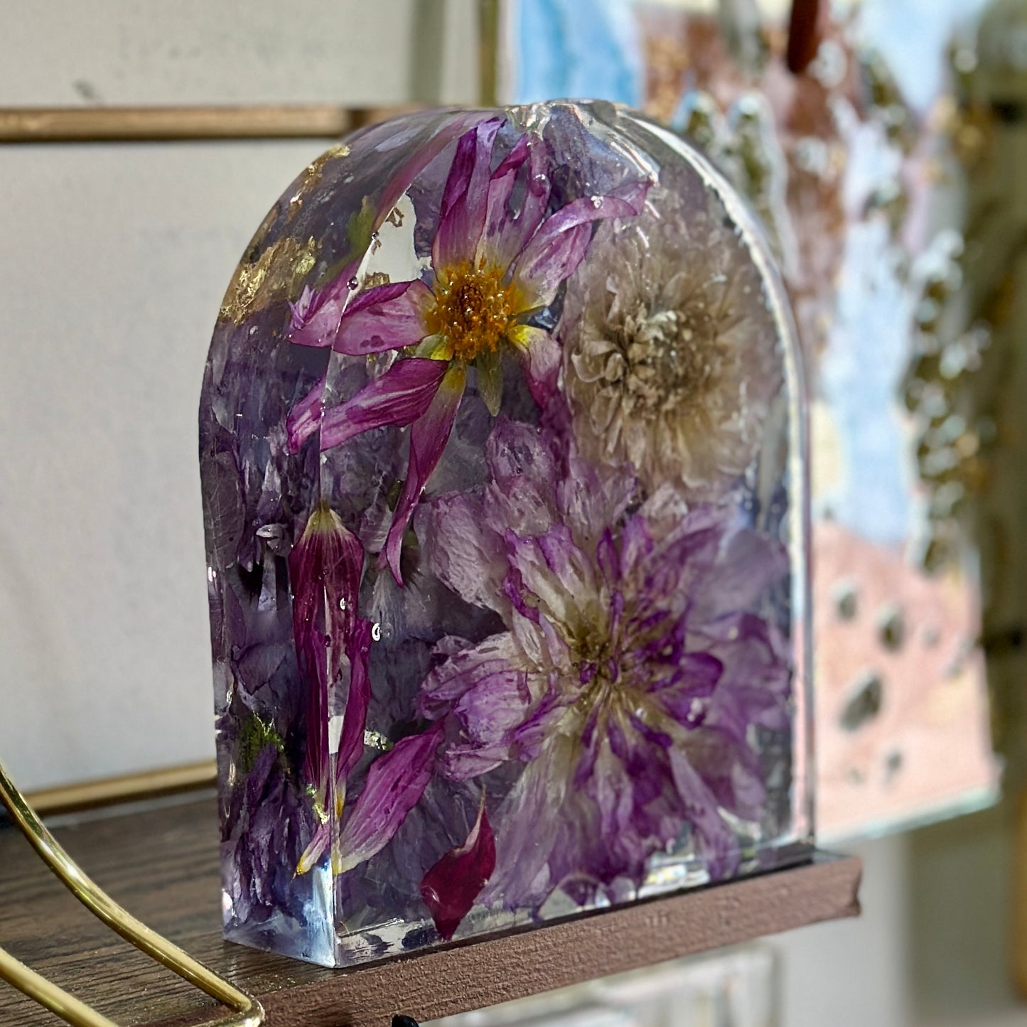 Dahlia and gold resin arch