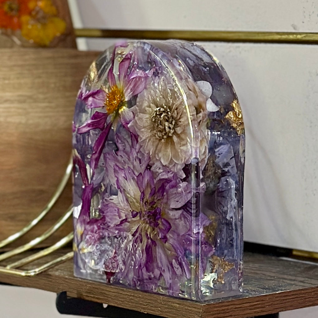 Dahlia and gold resin arch