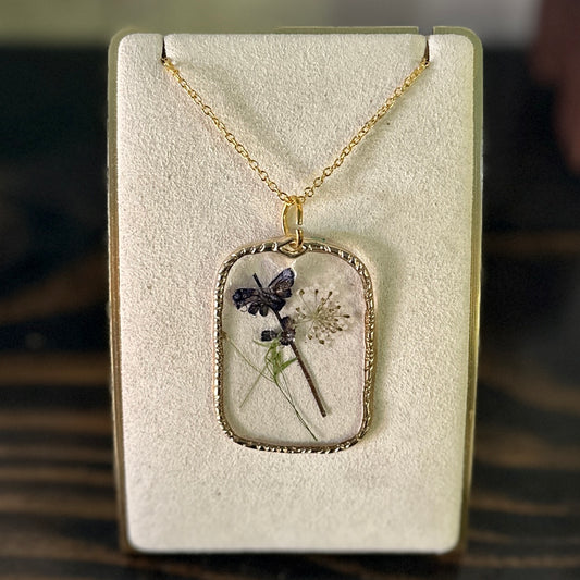 Gold-framed botanical necklace (violet, green, and white) 2