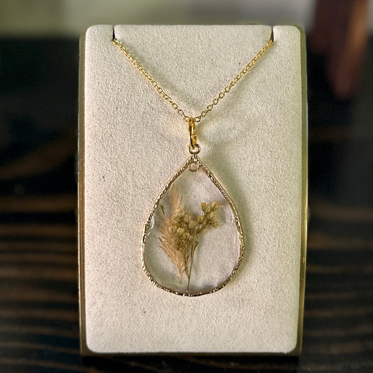 Gold-framed botanical necklace (yellow floral) 2