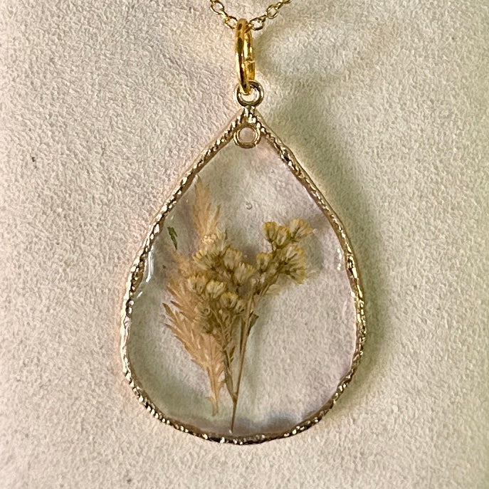 Gold-framed botanical necklace (yellow floral) 2