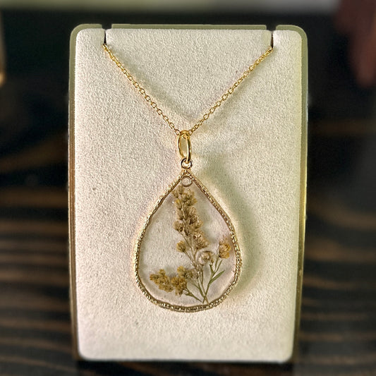 Gold-framed botanical necklace (yellow floral) 1