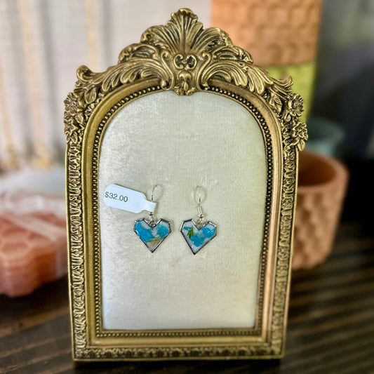 Silver-framed heart-shaped botanical earrings (pair 2)
