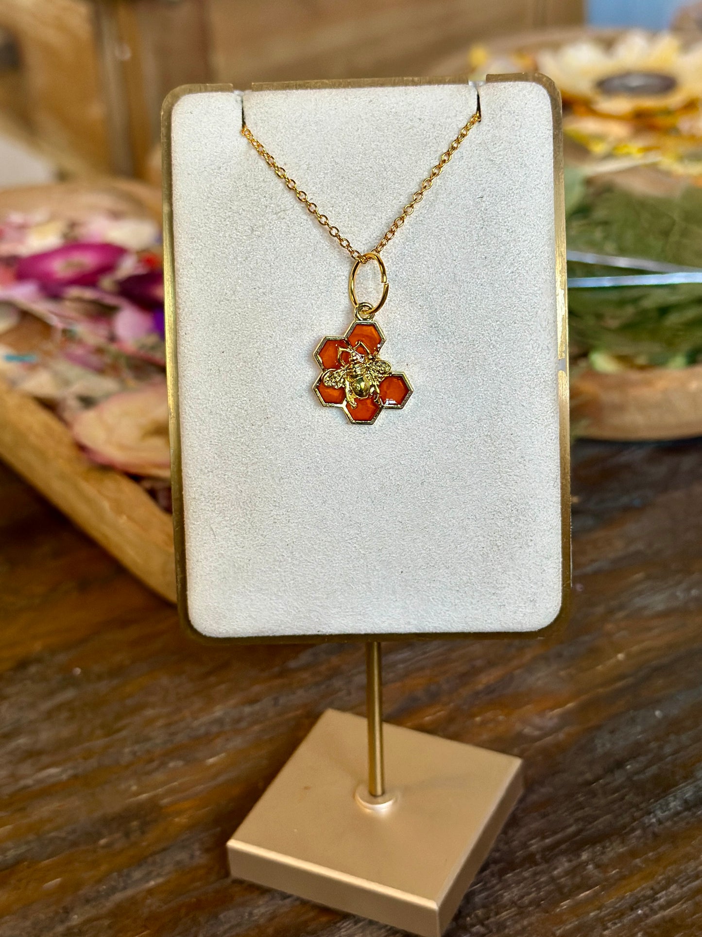 Orange honeycomb and Bee necklace (6 hex) A
