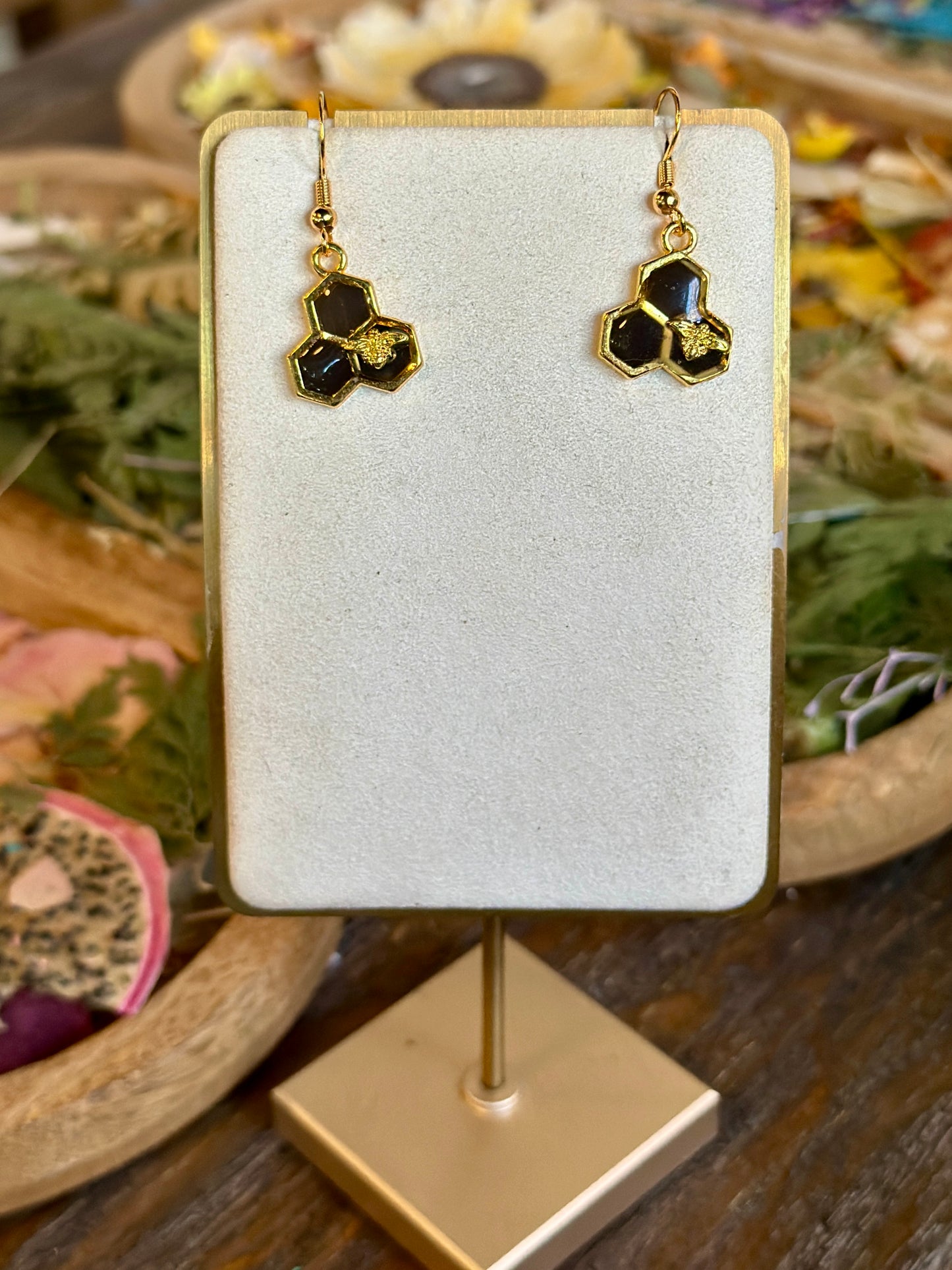 Black honeycomb and bee earring (3 hex)