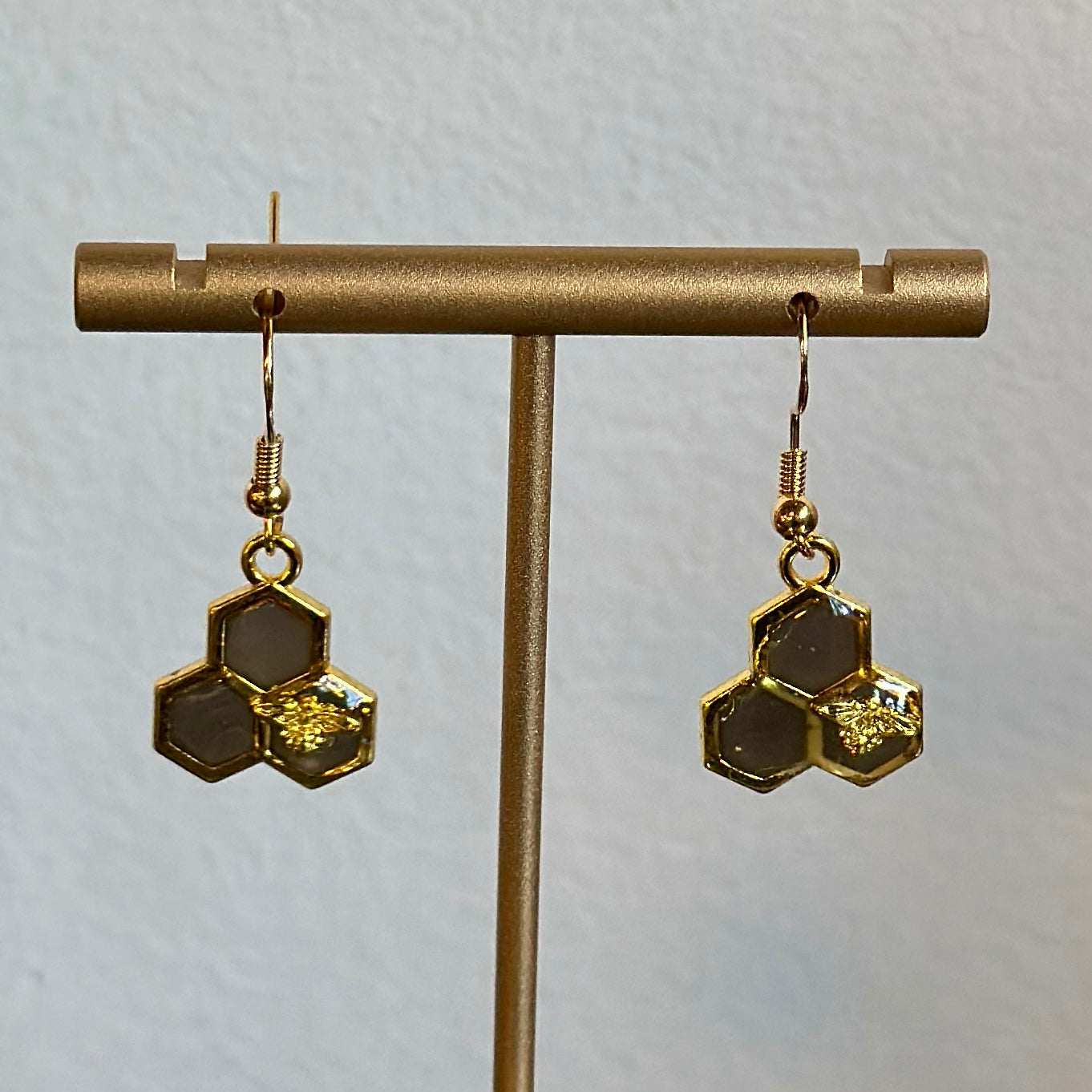 Black honeycomb and bee earring (3 hex)