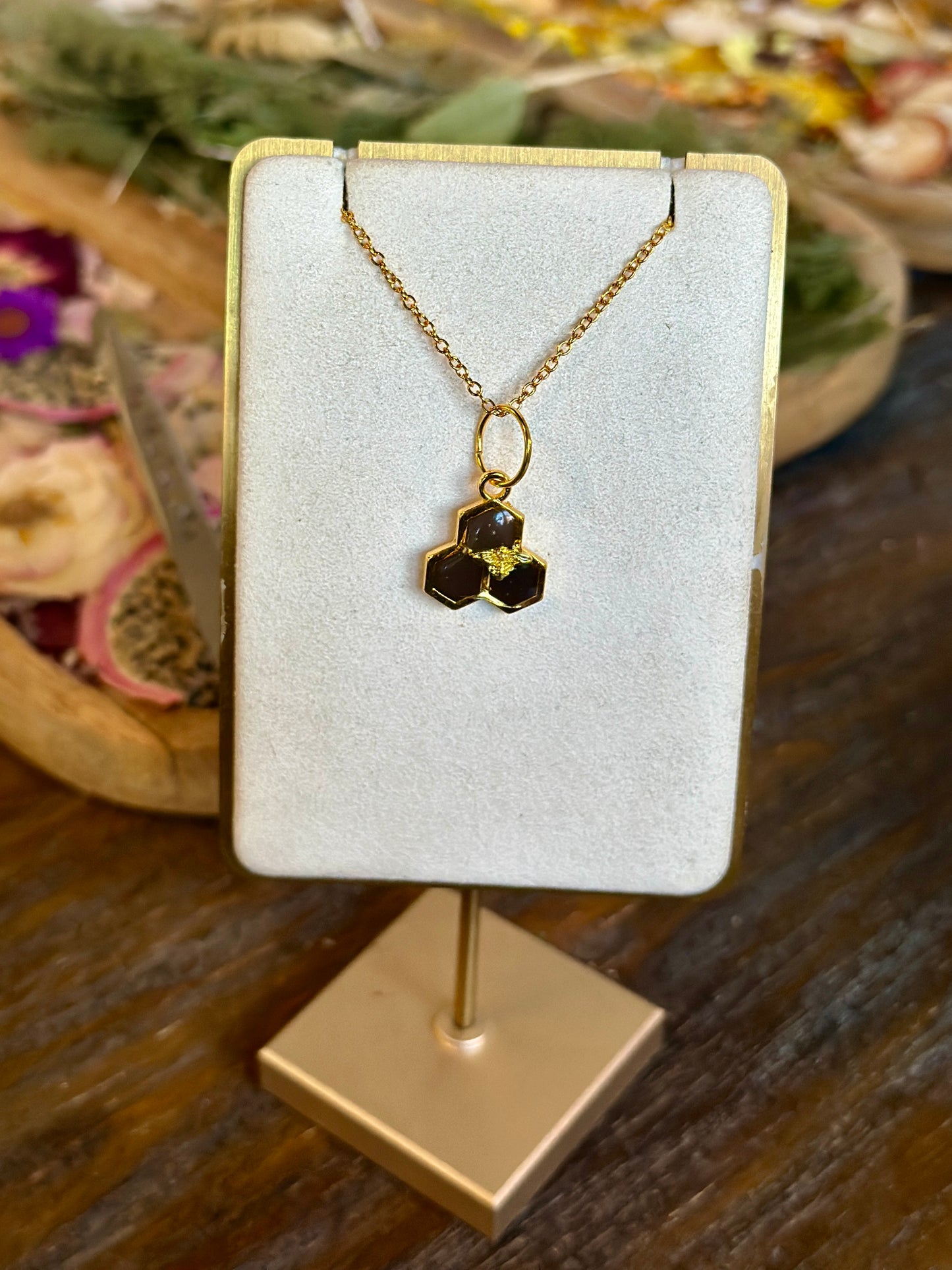 Black honeycomb and Bee necklace (3 hex)