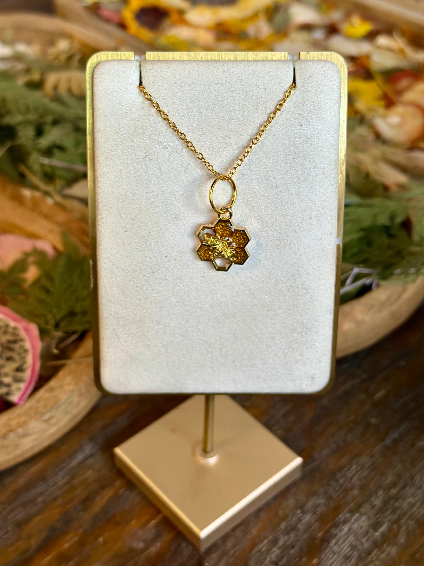 Golden and clear honeycomb and Bee necklace (7 hex)