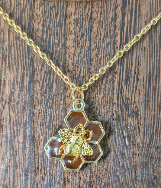 Orange honeycomb and Bee necklace (6 hex)