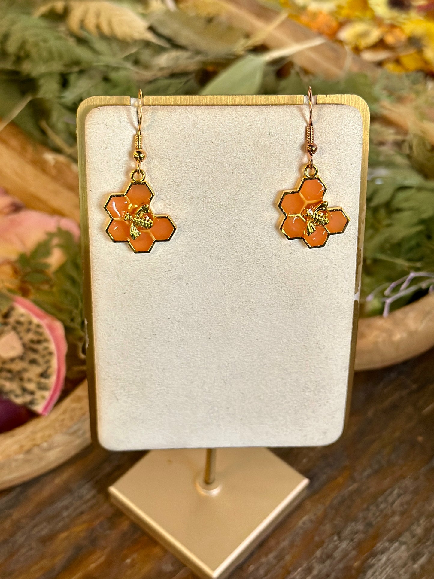 Peach honeycomb and bee earrings (6 hex)
