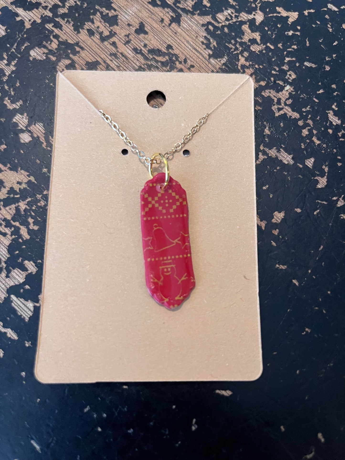 Holiday Clay Necklace -Red/Gold Pendant